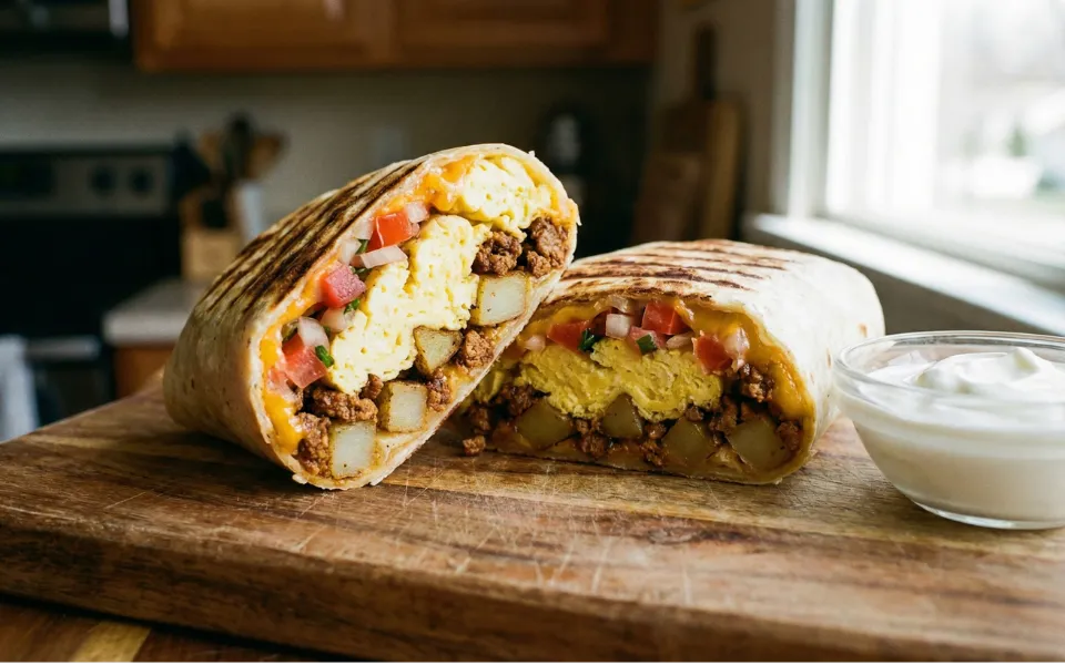 Breakfast Burrito with chorizo, eggs, potatoes, tomato, onion, cheese, and sour cream